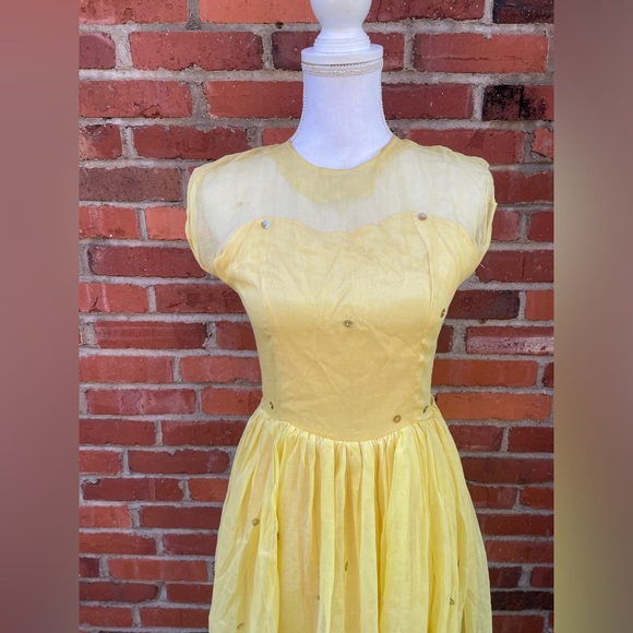 Vintage 50s Party Dress Dance Prom Yellow Satin Chiffon Fit Flare Size XS s - Picture 4 of 11